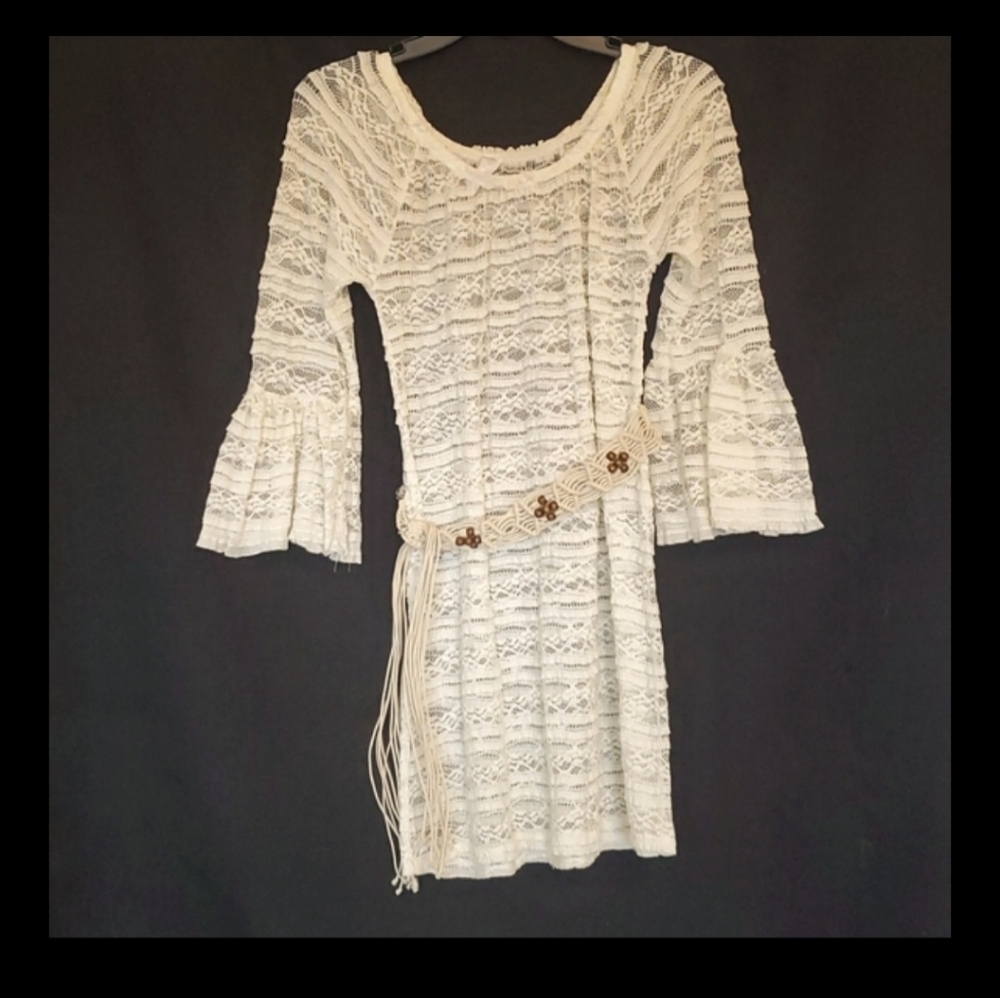 ☆HOST PICK☆ Lace see through Dress, size M/L ivory w/ wicker beaded belt.